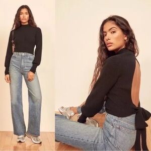 ASTR The Label Black Sweater Osteria Open-Back Tie Mock-Neck Size M